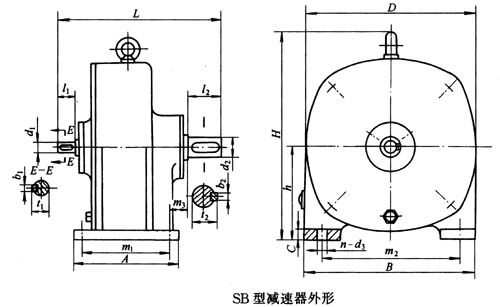 SB系列雙擺線針輪減速機外形及安裝尺寸、針齒中心圓直徑及傳動比